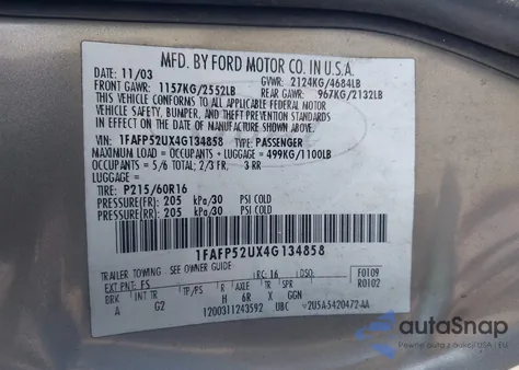 2004 Ford Taurus Lx из США, поврежденный, VIN 1FAFP52UX4G134858